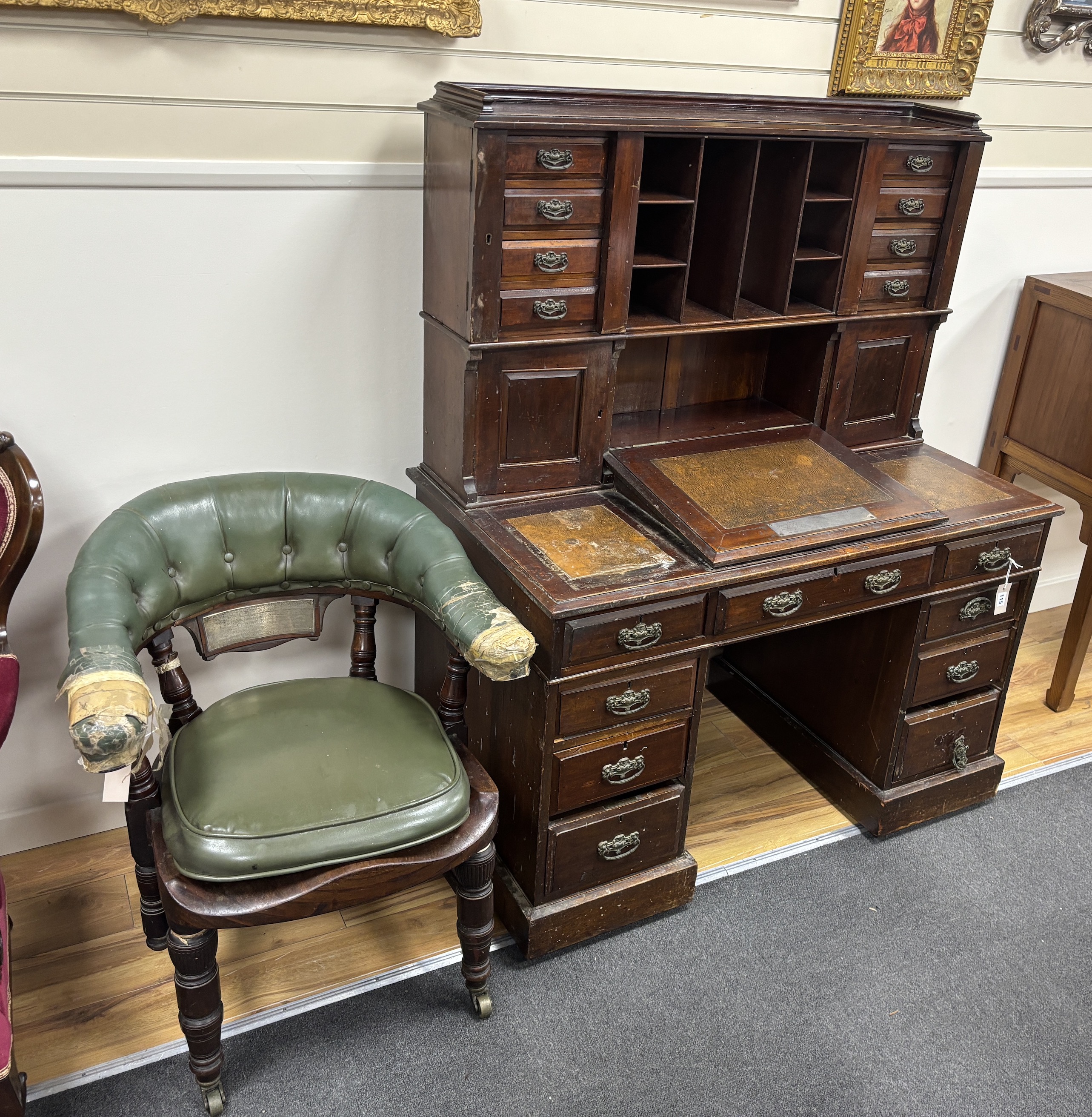 A late Victorian mahogany pedestal desk, width 118cm, depth 65cm, height 148cm, Provenance: Pickersgill, Labour MP and an associated late Victorian mahogany office elbow chair, provenance as above